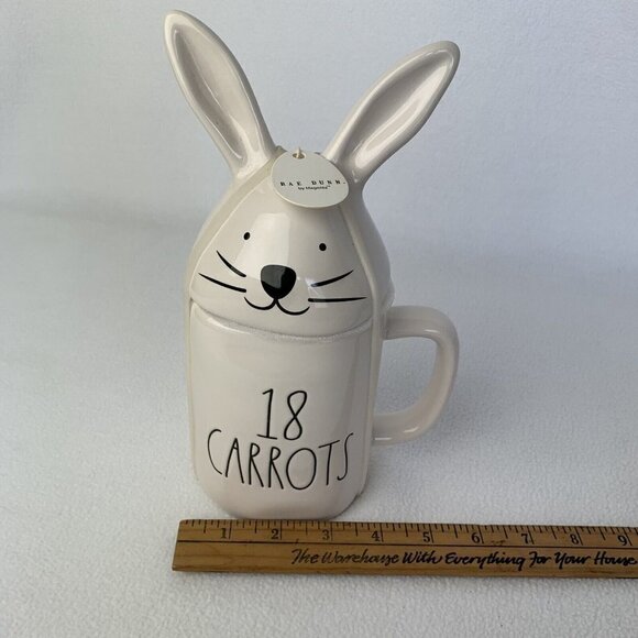 Rae Dunn by Magenta Easter Bunny Rabbit 18”CARROTS" White Mug With Topper - Picture 8 of 8